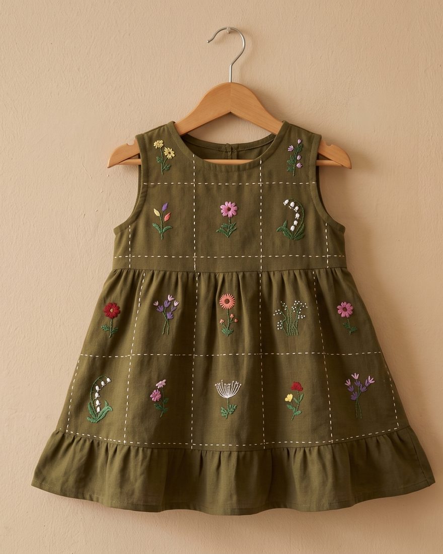Olive frock embroidered with flowers