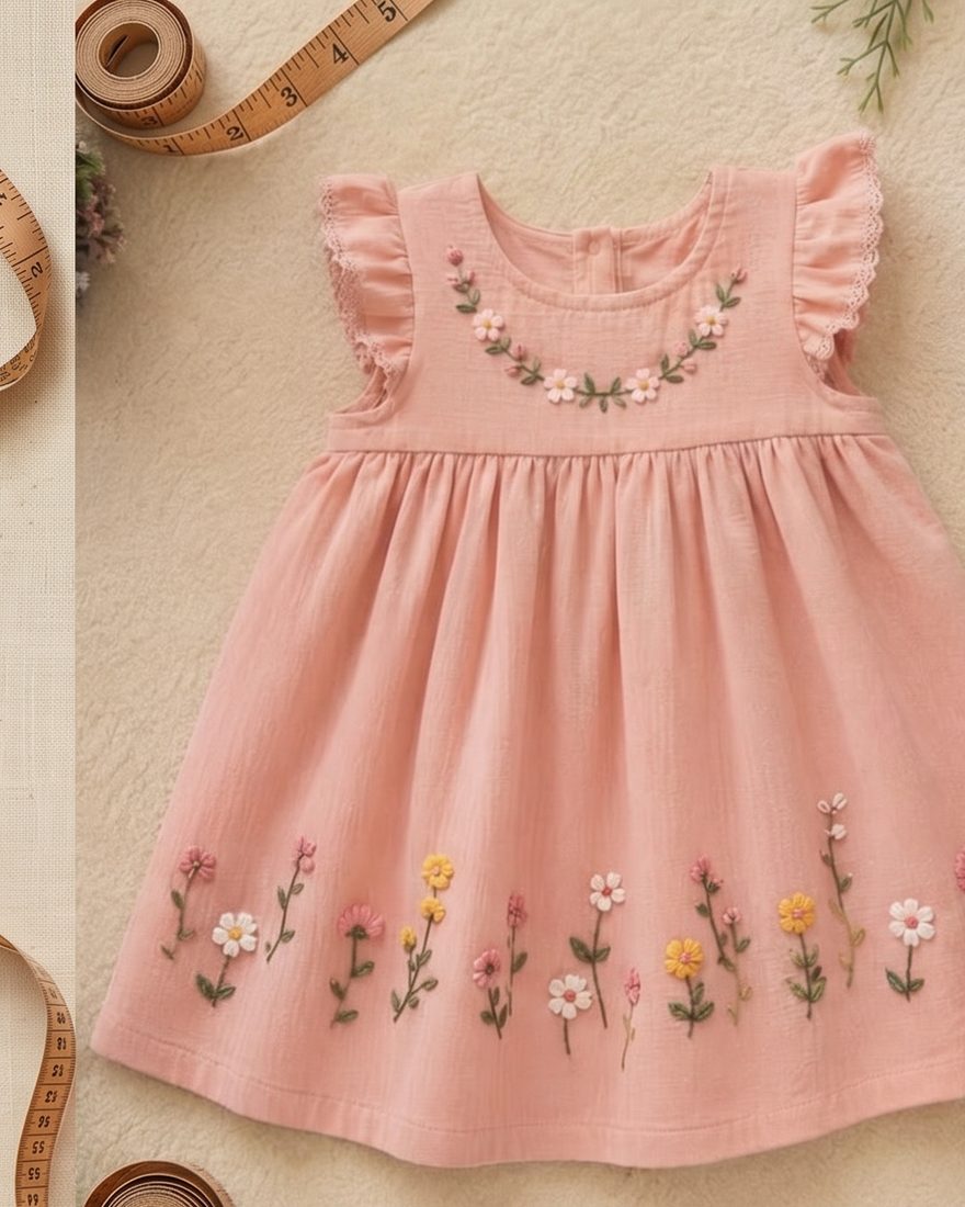 Pink frock with a row of embroidered flowers along the hem