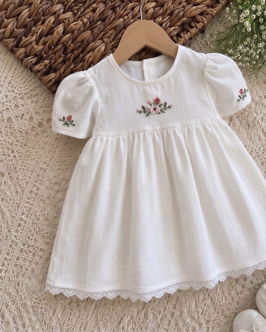White frock with small embroidered flowers